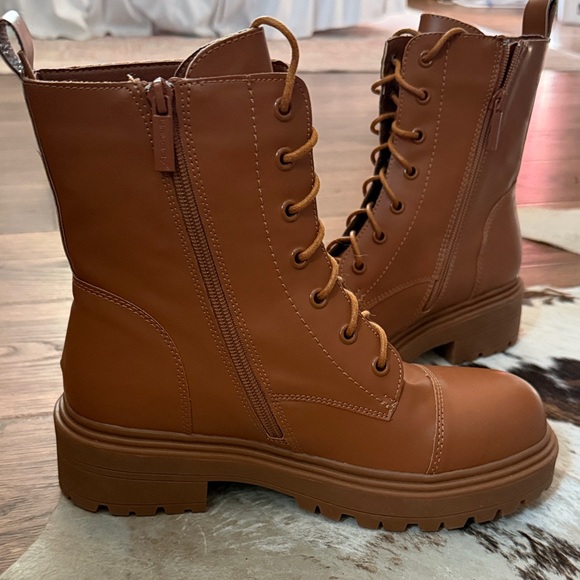 Unilady Cognac Brown Lace-Up Combat Boots - Picture 2 of 8